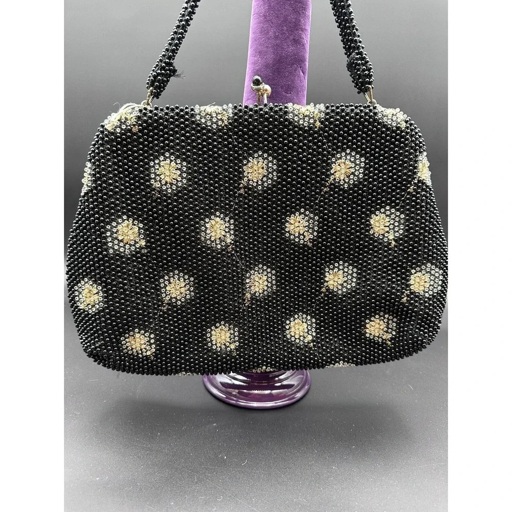 Vintage Corde‎ Bead Lumured reversible beaded handbag purse black floral pattern